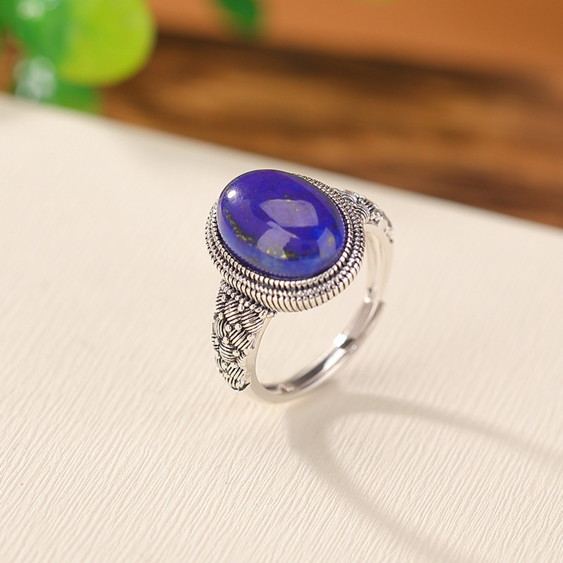 锦河畔 s925纯银青金石复古做旧国风编织花纹蛋面戒指民族风银