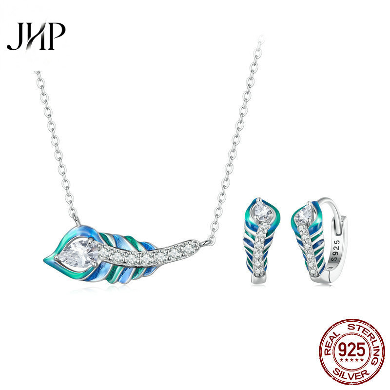 锦河畔原创蓝色渐变羽毛耳扣项链套装 复古文艺风925纯银耳环首饰