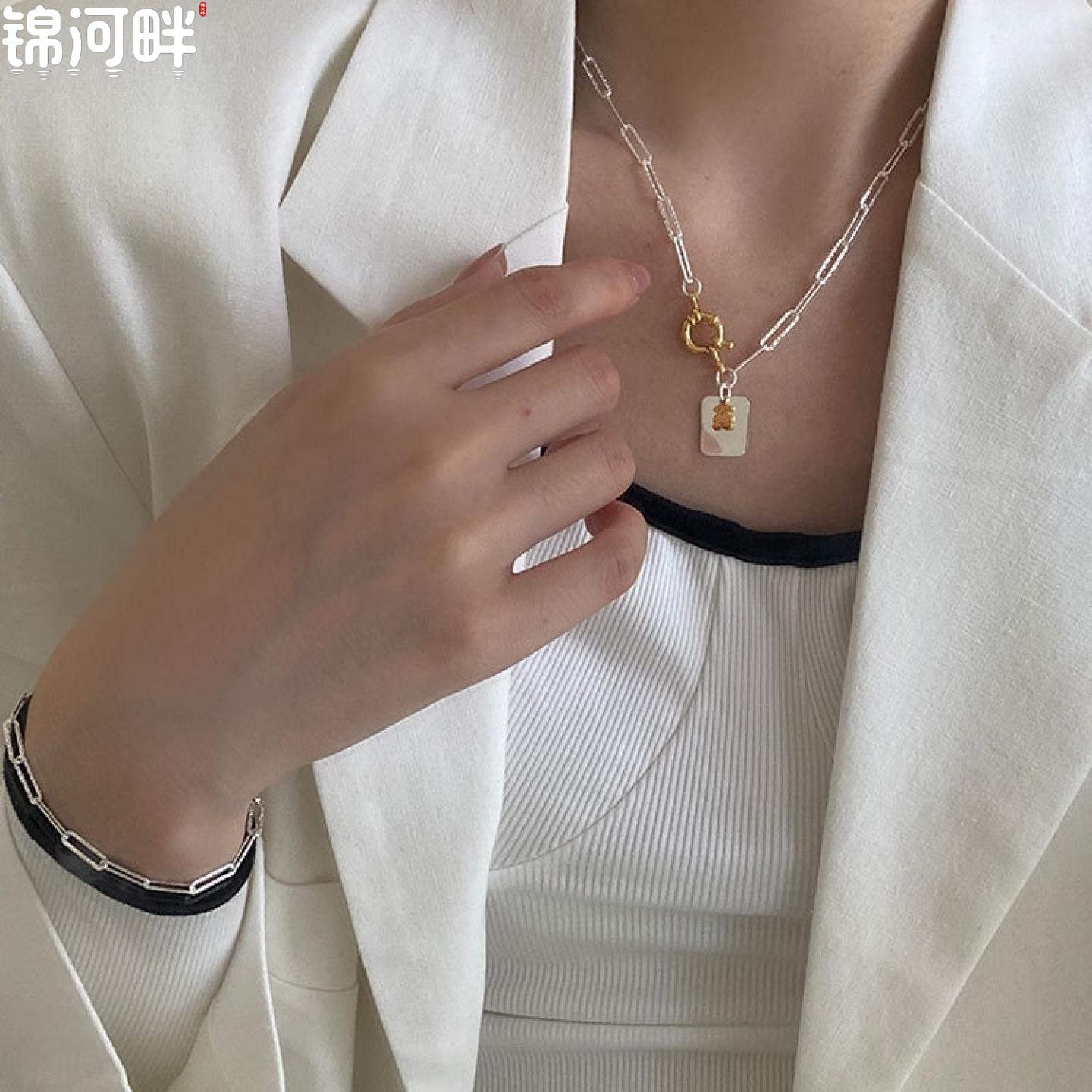 锦河畔 s925通体纯银小熊方牌项链金银拼色小红书ins锁骨链女
