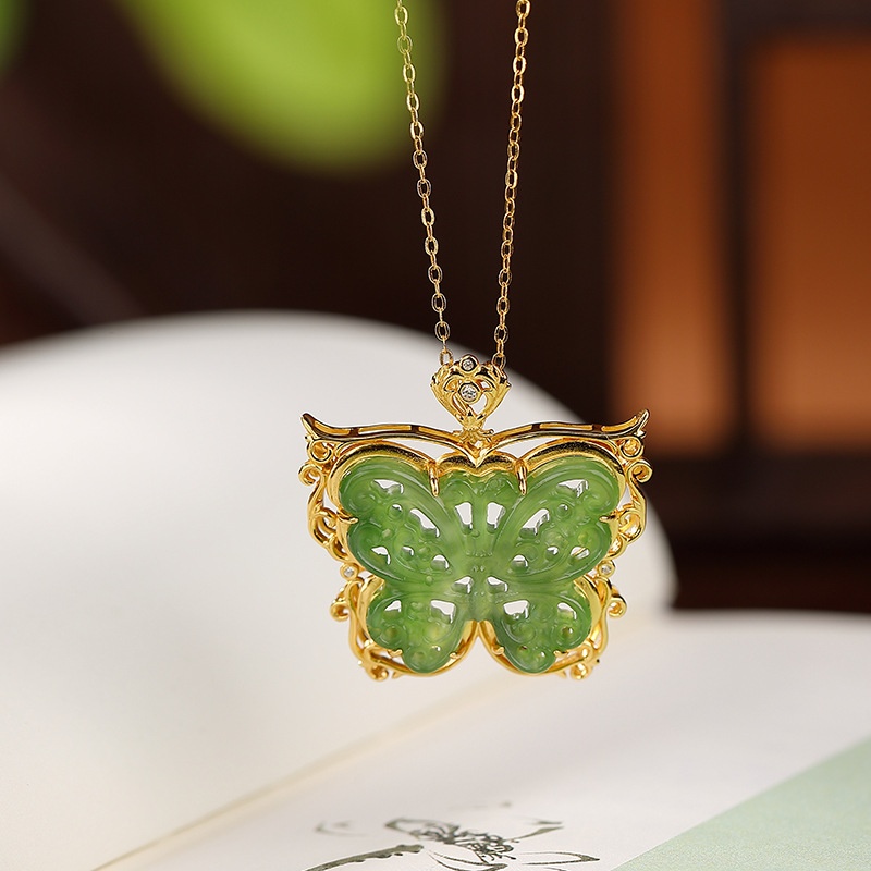 锦河畔 s925纯银镀金和田玉碧玉新中式吉祥如意蝴蝶吊坠复古银挂