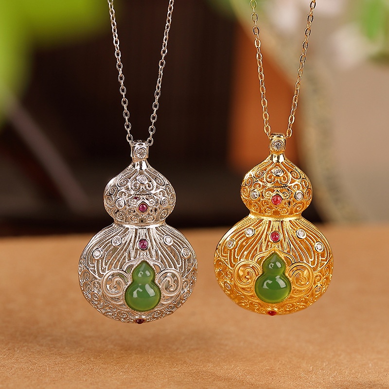 锦河畔 s925纯银镀金和田玉碧玉复古祥云如意镂空葫芦香囊吊坠挂