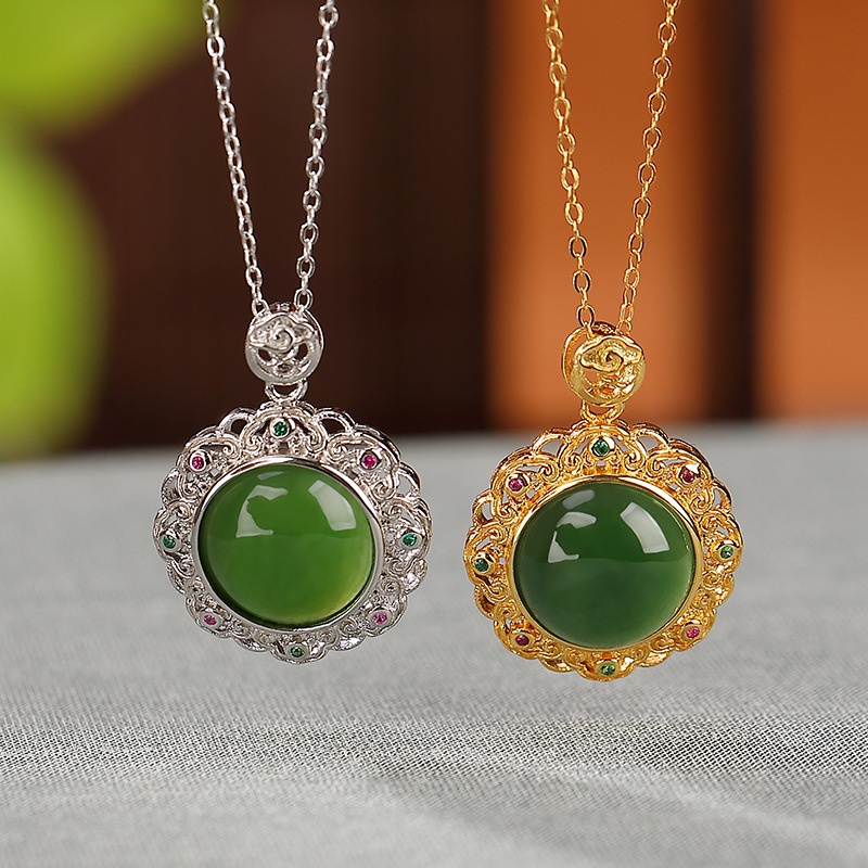 锦河畔 s925纯银镀金和田玉碧玉复古祥云镂空吊坠气质百搭圆形挂