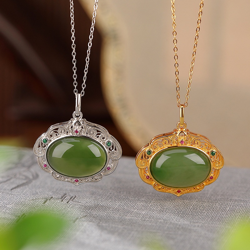 锦河畔 s925纯银镀金和田玉碧玉新中式复古如意镂空蛋面吊坠银挂