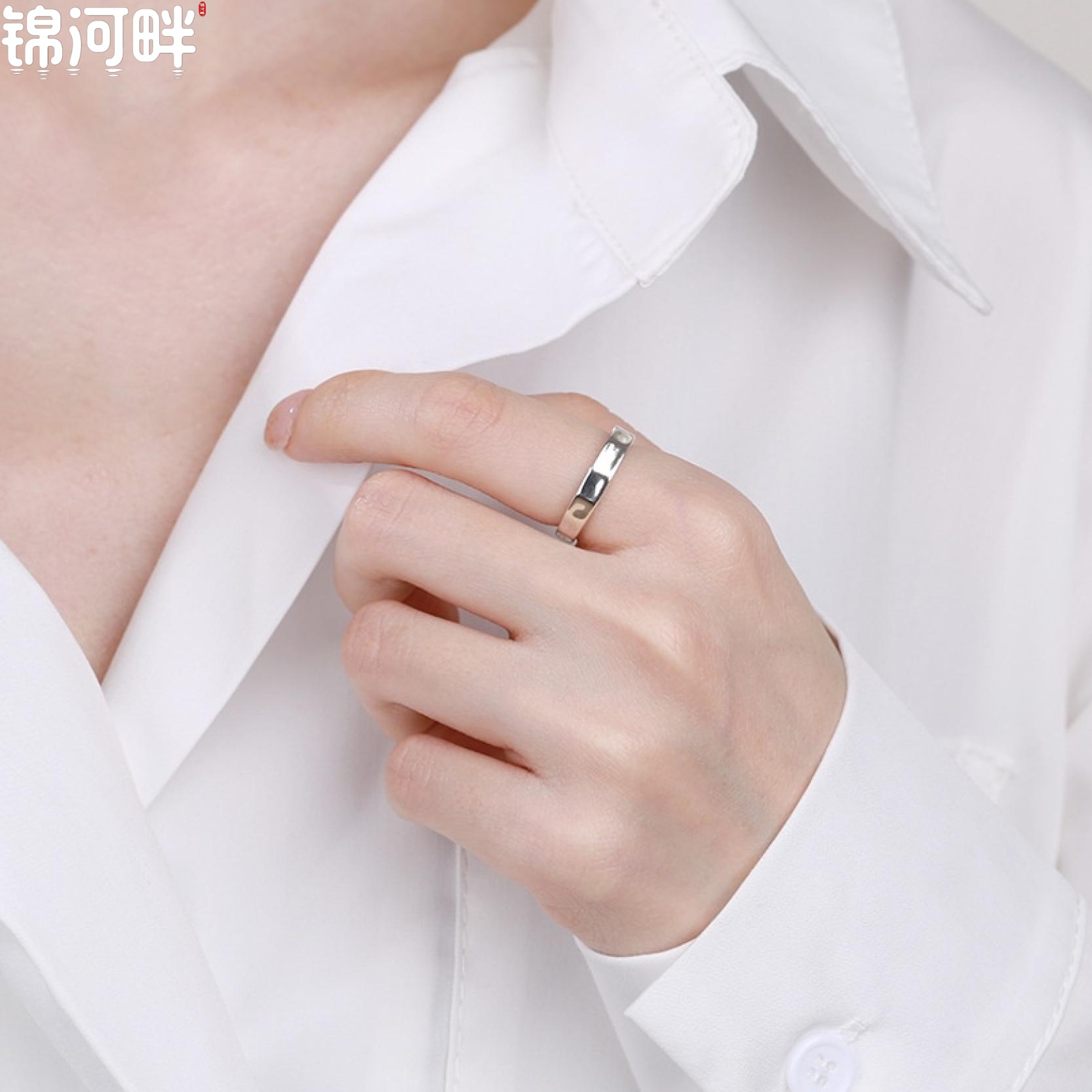 锦河畔 s925纯银简约不规则光面凹面百搭时尚开口戒指女