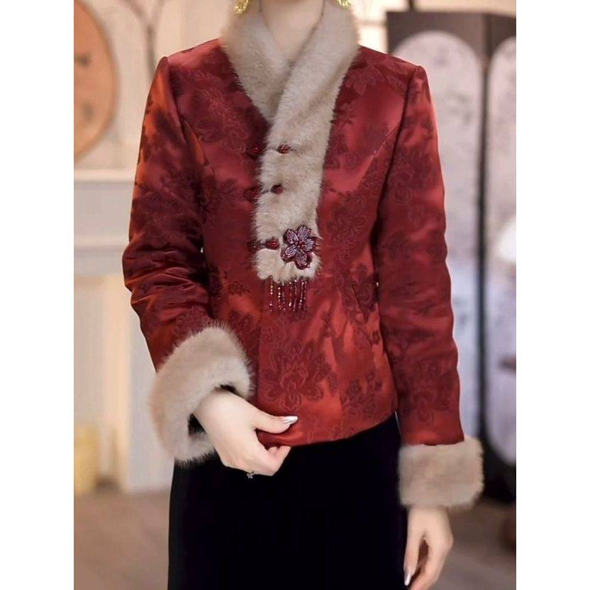 提花缎夹棉加厚新中式短款棉衣外套2025冬季新款高档显瘦国风上衣