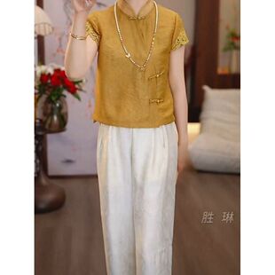 新中式短款人丝外套裤子两件套2026夏季新款高档显瘦洋气国风套装