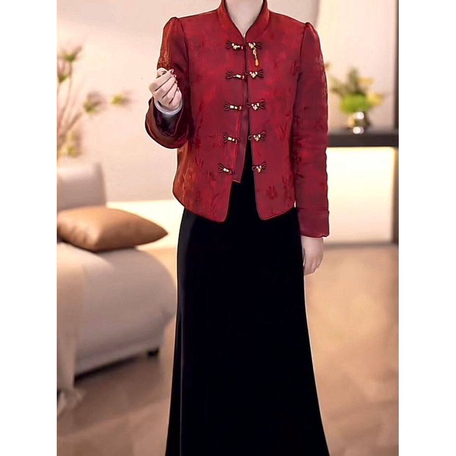 新中式夹棉加厚丝缎两件套半身裙2025冬新款时尚气质显瘦洋气套装