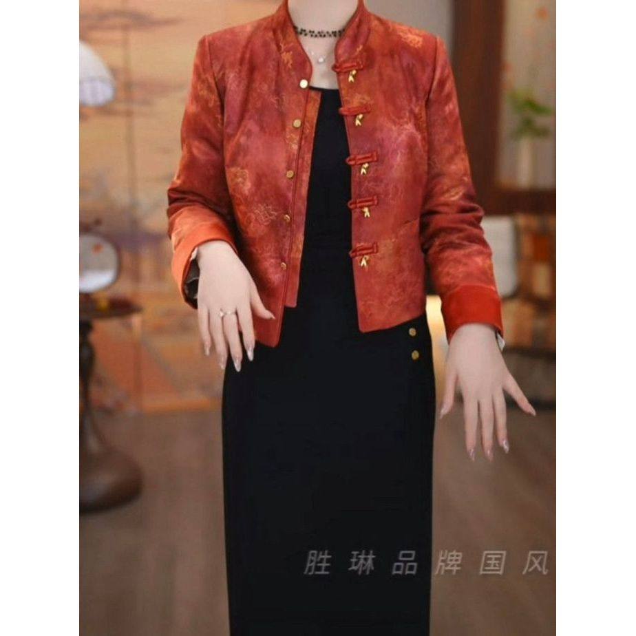 宋锦提花缎加厚两面穿可拆卸羽绒服外套半身裙2025冬新中式两件套