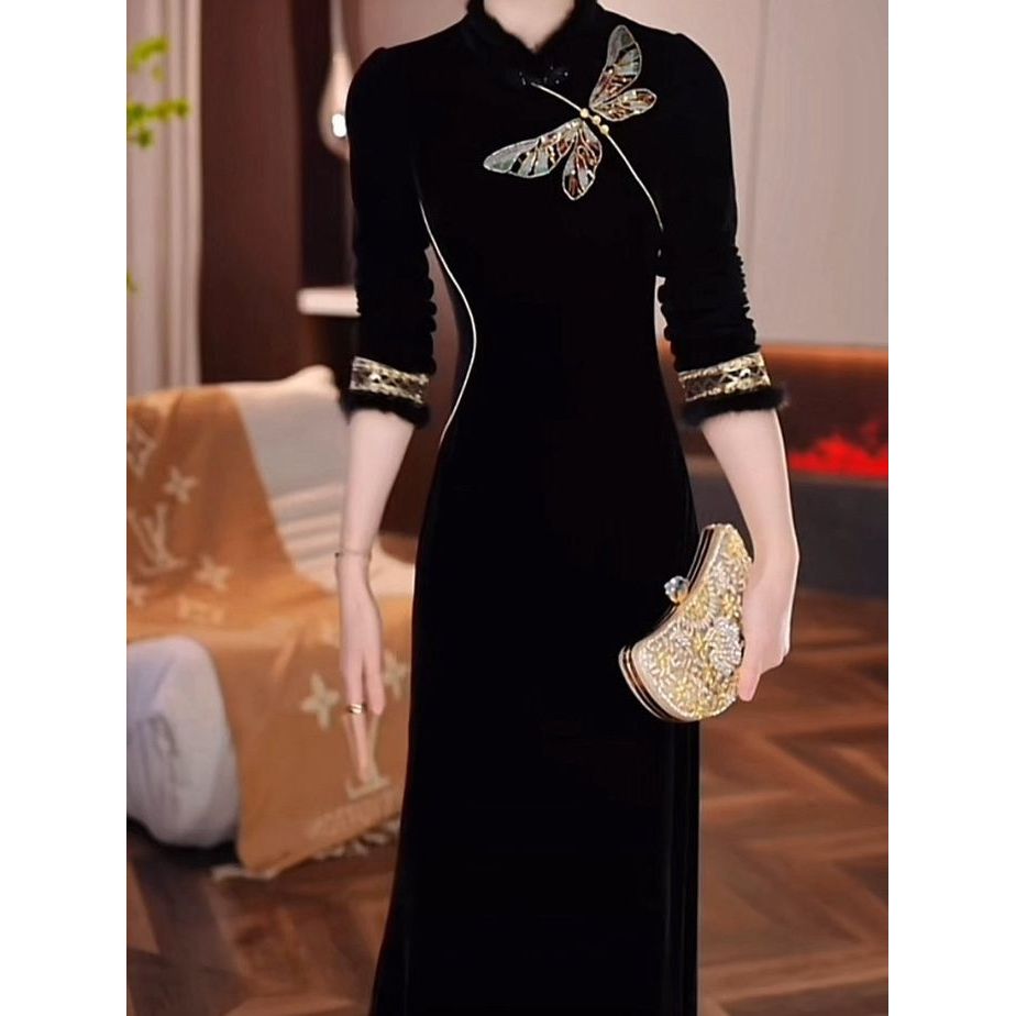 人丝丝绒改良旗袍裙2025秋冬