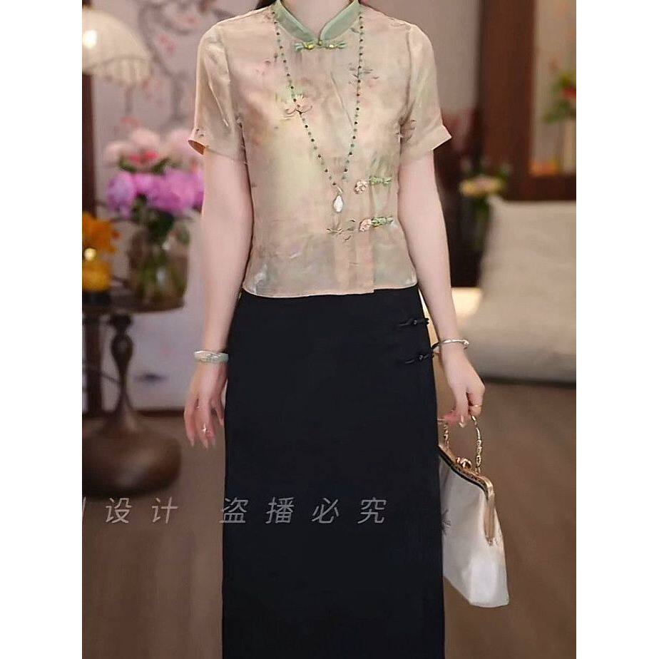 新中式短款人丝外套半身裙子两件套2026夏季新款时尚显瘦洋气套装