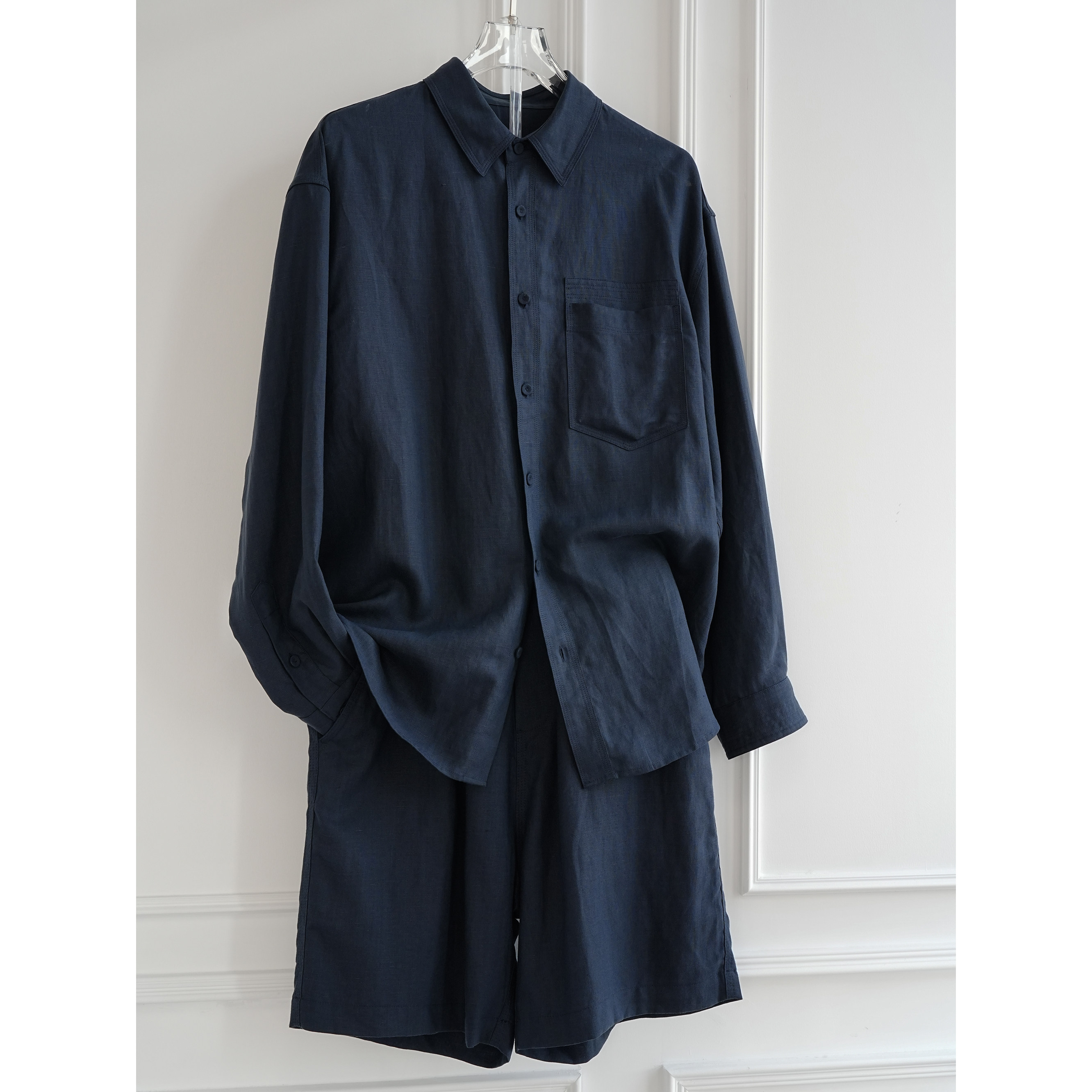 老钱风藏青色亚麻天丝衬衫套装潮