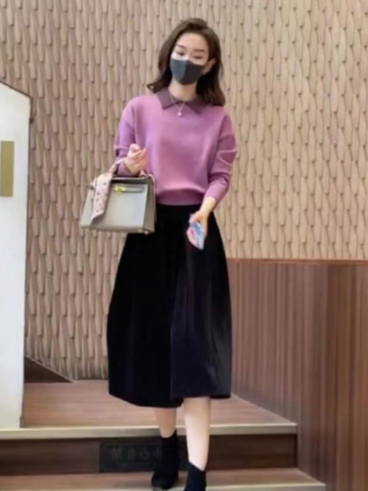 套装翻领毛衣女套头针织衫高腰中长款半身裙气质显瘦洋气减龄春秋