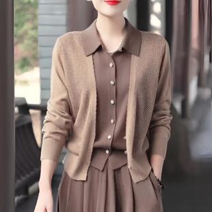 假两件开衫翻领长袖针织衫女秋冬新款宽松显瘦气质外套时尚上衣