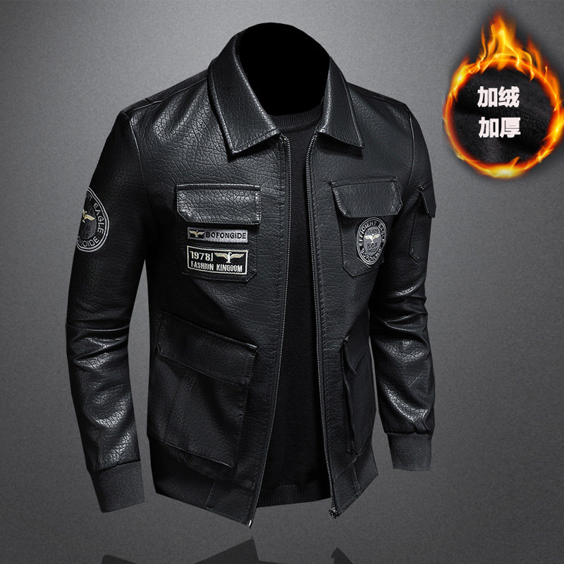 2024秋冬加绒加厚保暖新款皮夹克外套男士修身翻领刺绣皮衣大码