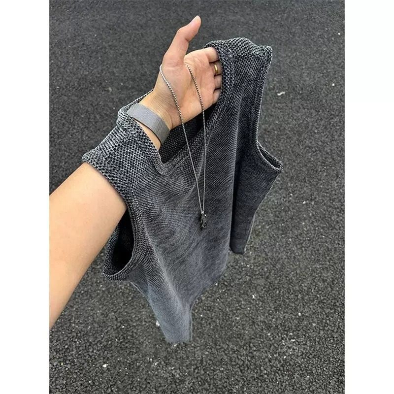 大码老钱风纹路个性男女小背心体恤夏季薄款肌理感圆领无袖T恤衫