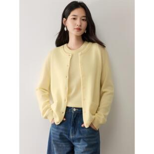 温柔慵懒风山羊绒开衫女圆领奶黄色针织外套毛衣简约秋季纯色背心