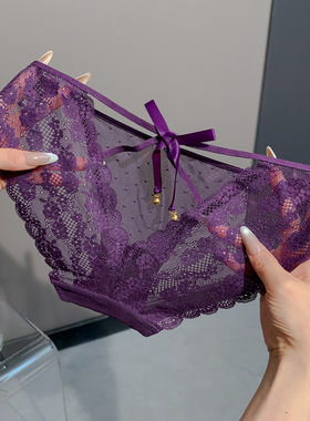 法式网纱蝴蝶结性感高级感2026新款镂空三角裤紫色内裤女纯欲蕾丝