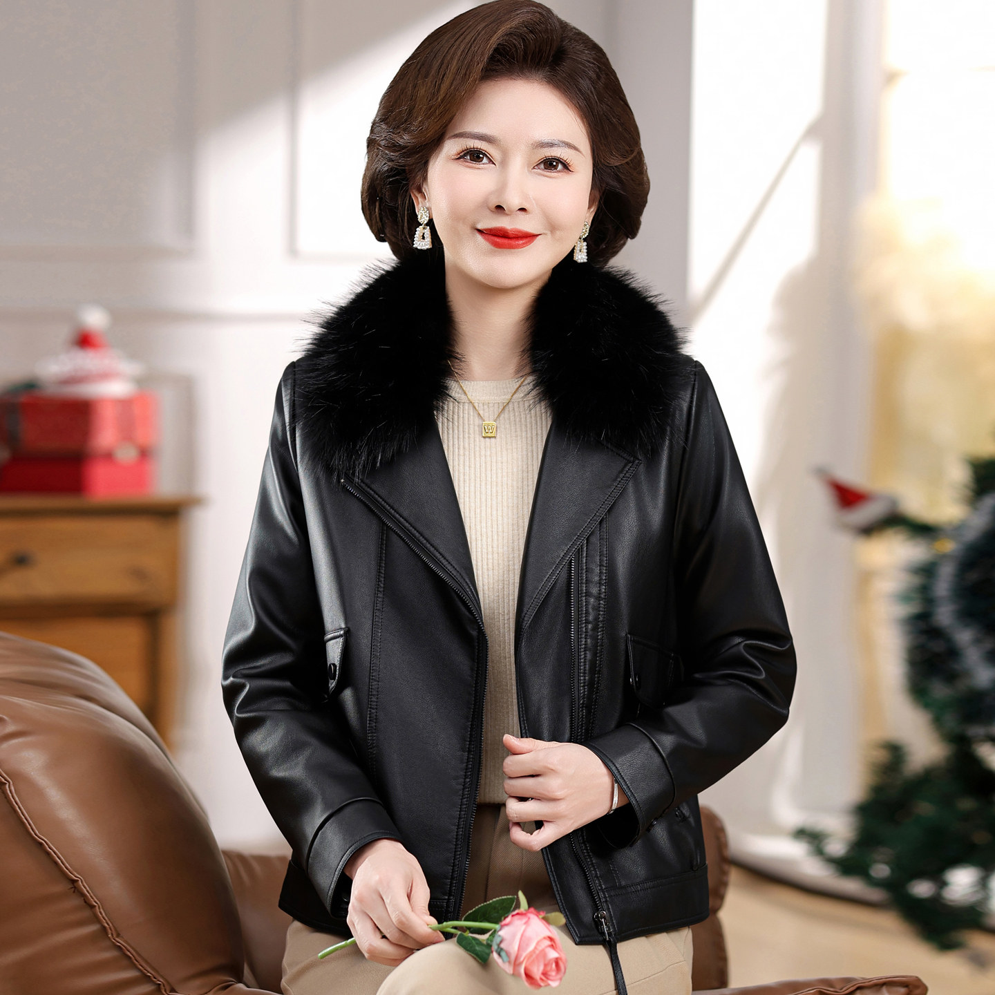 中年轻妈妈冬装皮衣女洋气高贵夫人春装外套休闲机车风皮夹克上衣