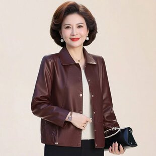 中年妈妈春秋外套休闲宽松PU皮夹克中老年女装 显瘦皮褂子 皮衣时尚
