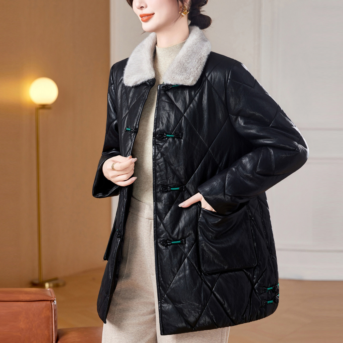 妈妈秋冬装皮棉衣中长款新中式国风皮衣外套女时尚洋气加厚皮棉袄