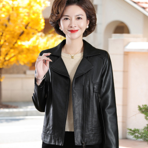 中年皮衣女新款妈妈春秋外套长袖修身加厚保暖PU皮夹克洋气质秋冬