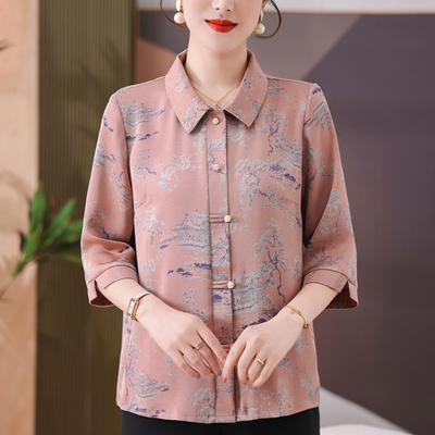 妈妈夏装衬衫洋气国风桑蚕丝t恤