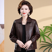 妈妈春装 上衣 洋气小翻领长袖 外套2026新款 皮夹克中年人皮衣女时尚