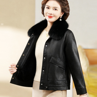 皮衣外套女短款加绒加厚小个子妈妈冬装PU皮夹克显瘦带毛领皮袄子