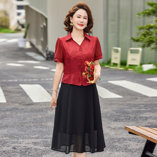 妈妈夏装假两件套连衣裙时尚新中式刺绣花喜婆婆夏天短袖裙子