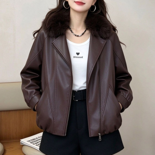皮衣外套女加绒加厚短款中年妈妈秋冬皮毛一体皮夹克时尚显瘦皮袄