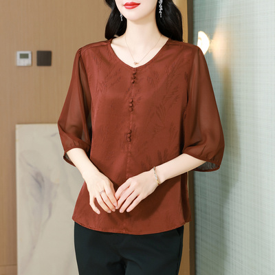 中年妈妈装七分袖V领衬衫女宽松