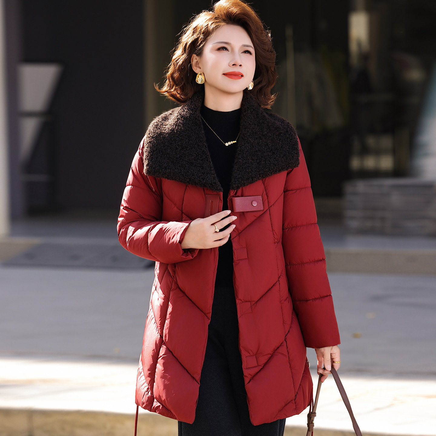 羽绒棉衣女中长款显瘦大翻领棉服