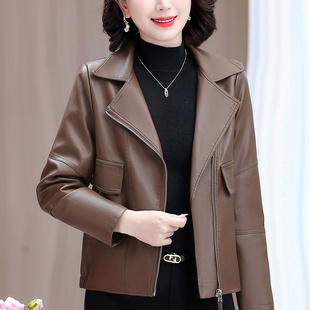 皮衣外套女中年妈妈春装 机车风显瘦洋气妇女PU皮上衣服 皮夹克时尚