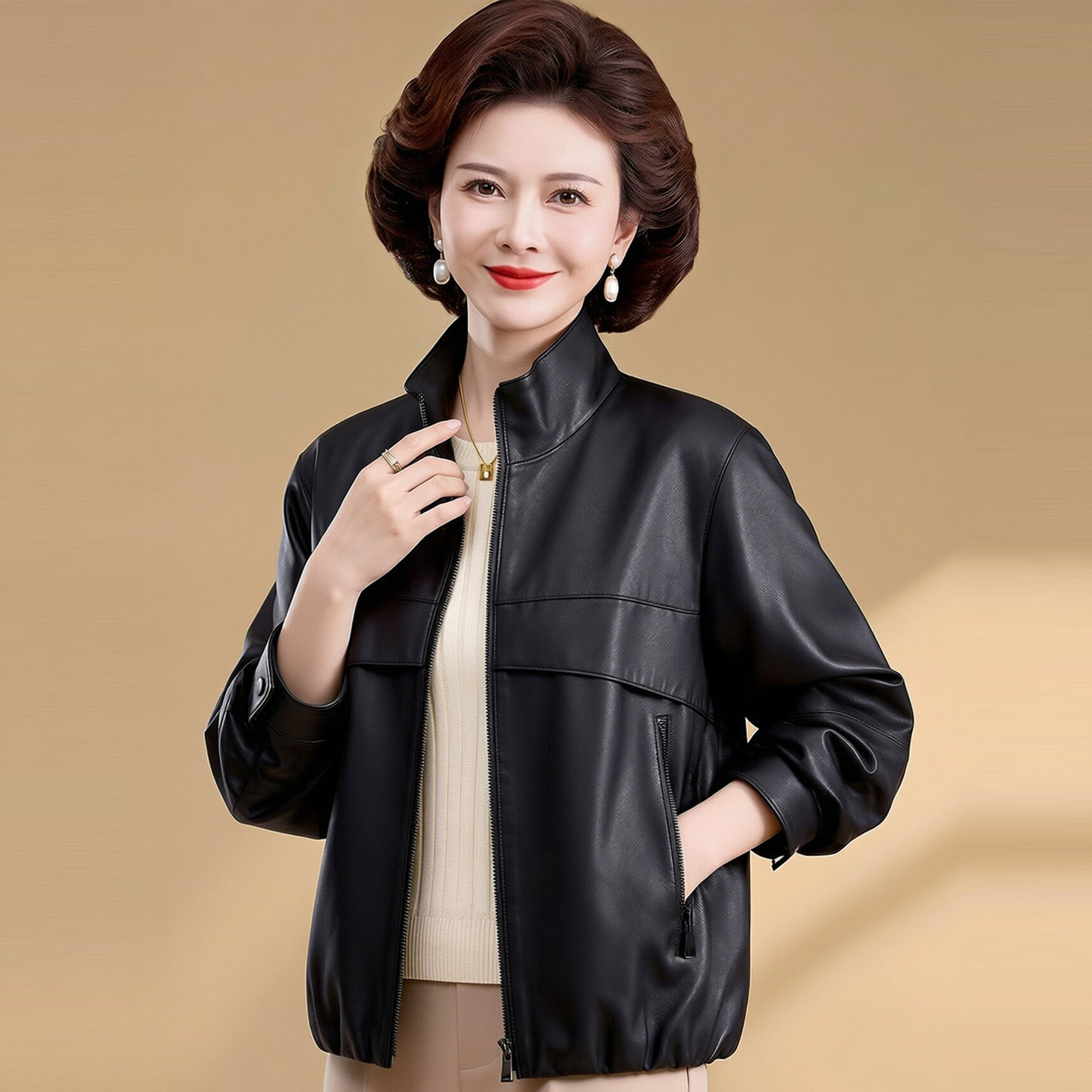 时尚立领皮衣外套女短款休闲夹克
