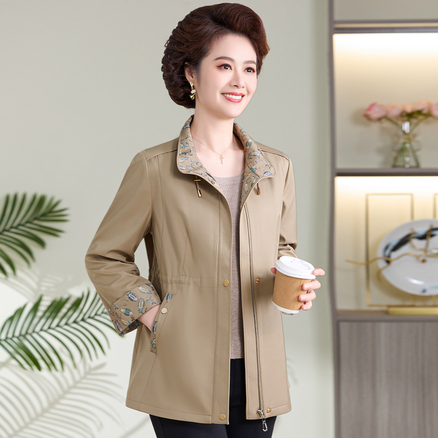 中老年妈妈春装外套时尚休闲风衣端庄大气上衣五六十岁婆婆夹克衫