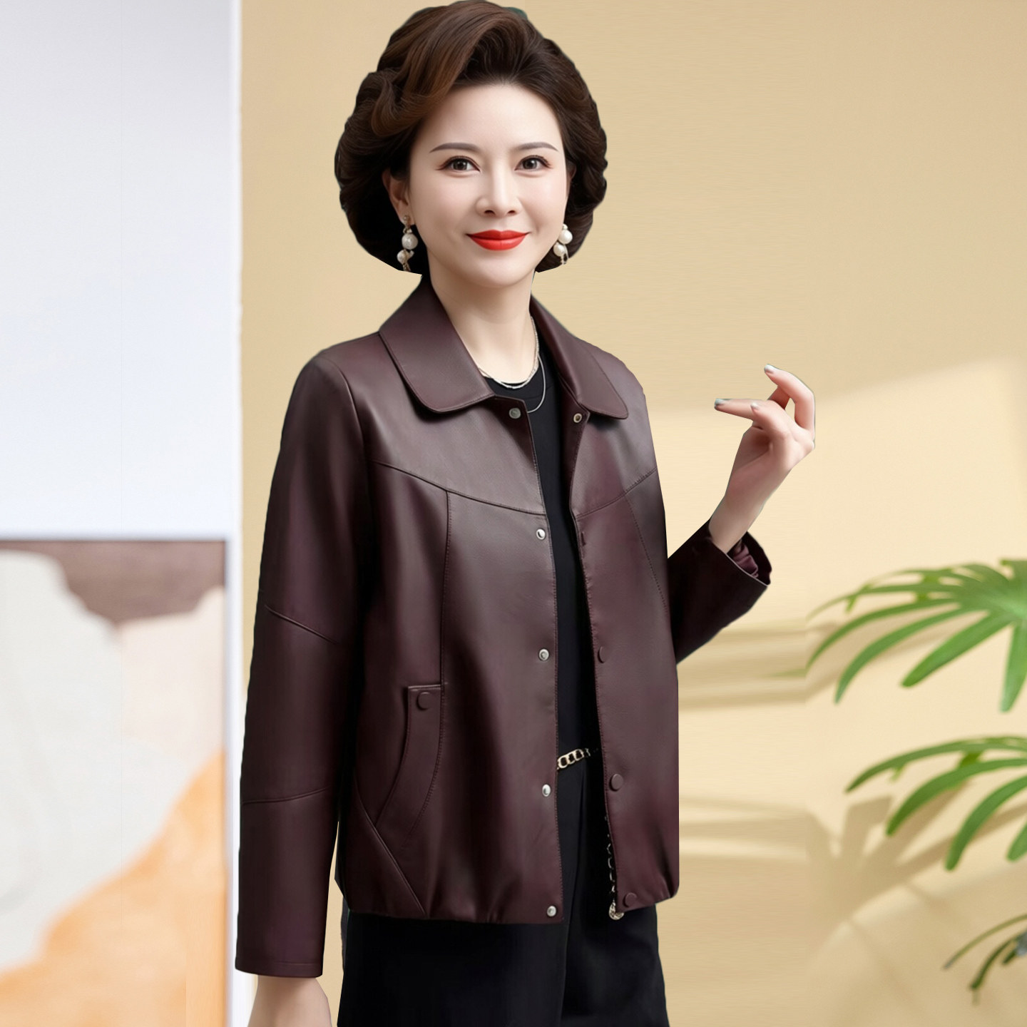 中年女人皮衣外套时髦洋气妈妈装