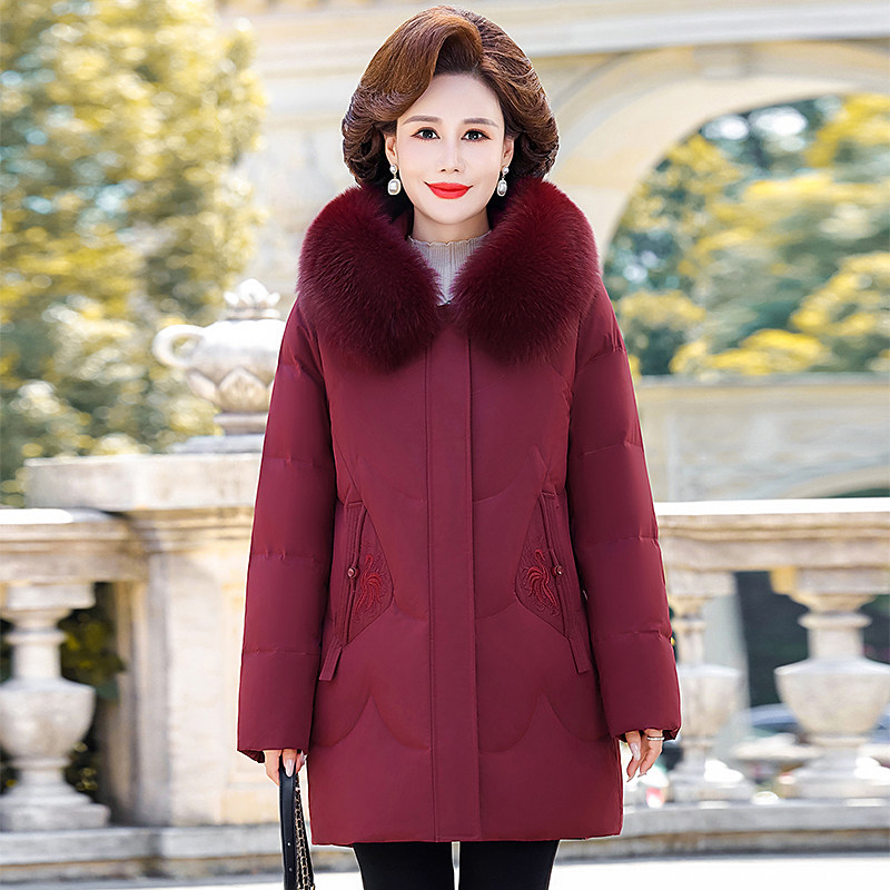 中年妈妈冬装羽绒服中长款修身显瘦2024新款中老年人婆婆白鸭绒袄