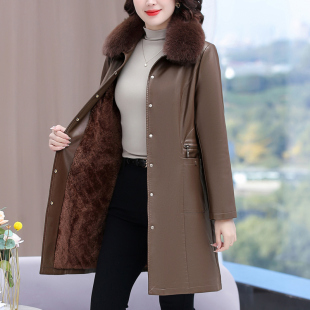 贵夫人皮衣女中长款洋气加厚中年妈妈秋冬外套阔太太加绒显瘦风衣