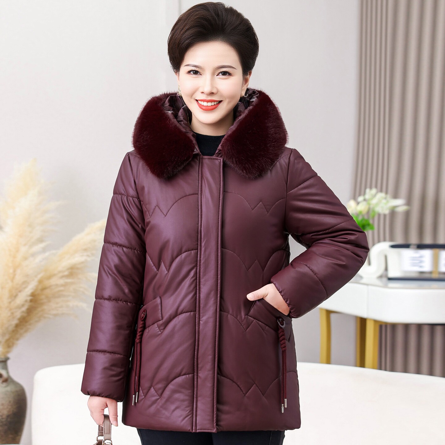 妈妈秋冬皮羽绒棉衣女加绒加厚连帽大毛领棉服中长款老年人皮棉袄