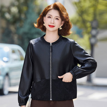 妈妈春秋皮衣外套4050岁妇女短款皮夹克中年女人立领PU皮褂子洋气