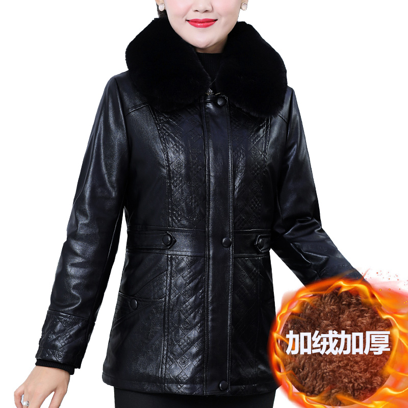 外套加绒加厚中年妇女皮夹克棉袄