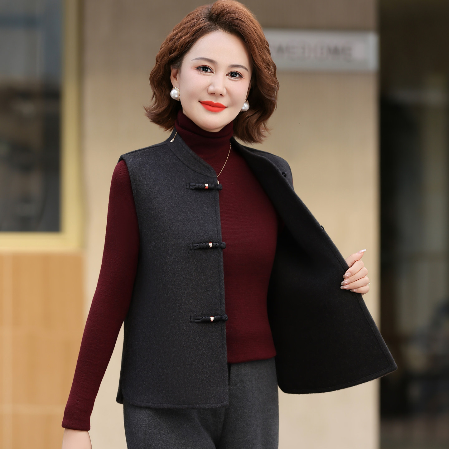 新中式盘扣马甲女洋气高贵双面呢