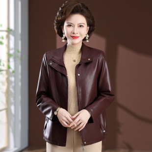 宽松大码 新款 显瘦中年妇女婆婆皮夹克 皮衣外套妈妈秋装 中老年女装