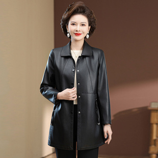 中年妇女PU皮上衣时尚 长款 皮风衣 皮衣妈妈春秋外套修身 中老年女装