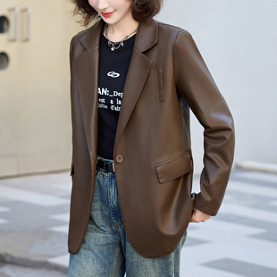 美拉德风西装 领皮衣女休闲宽松皮西服洋气高级感好看PU皮上衣外套