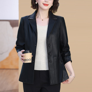 洋气高贵妇女PU皮西服上衣显瘦 中年妈妈皮西装 皮衣女外套秋装 新款