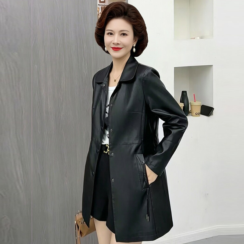 皮衣女中长款妈妈秋装外套修身