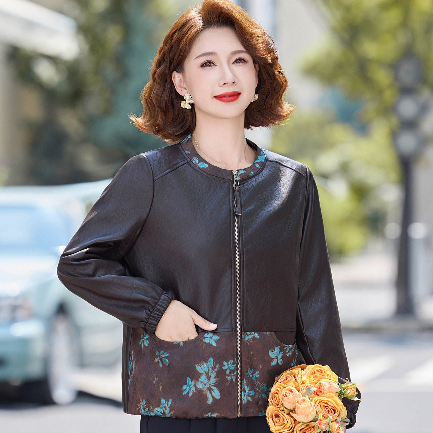 妈妈秋装新款皮衣外套时尚皮夹克