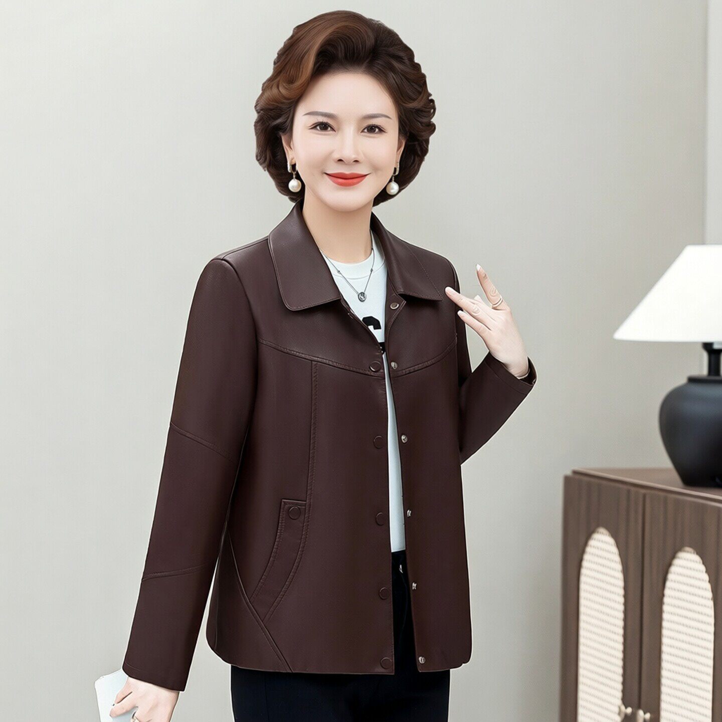 皮衣外套女中年妈妈春装休闲洋气皮褂时尚妇女小个子显瘦皮夹克