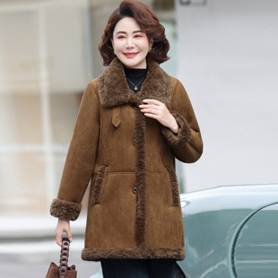 妈妈冬装 袄 外套加绒皮毛一体大衣中老年人妇女洋气高贵上衣中长款